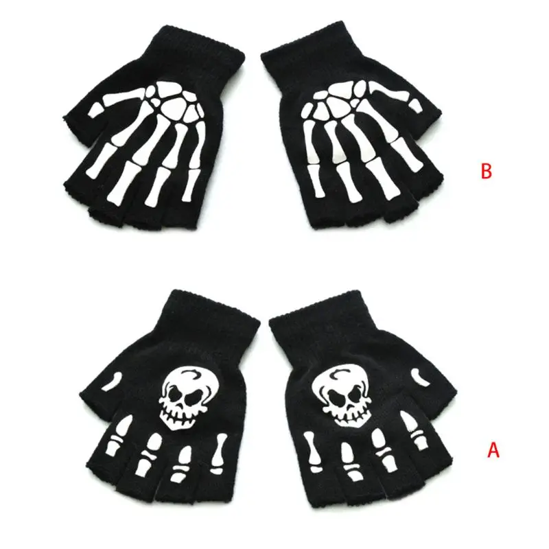 652F Kids Halloween Luminous Skeleton Skull Half Finger Gloves Glow Knitted Fingerless Mittens Cosplay Costume