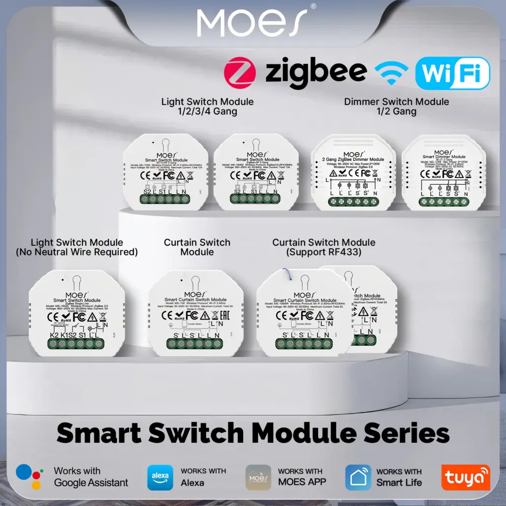 MOES Tuya WiFi/Zigbee Smart Switch Module Light Control Dimmer Curtain 1%-100% Voice Control Support Alexa GoogleHome RF433