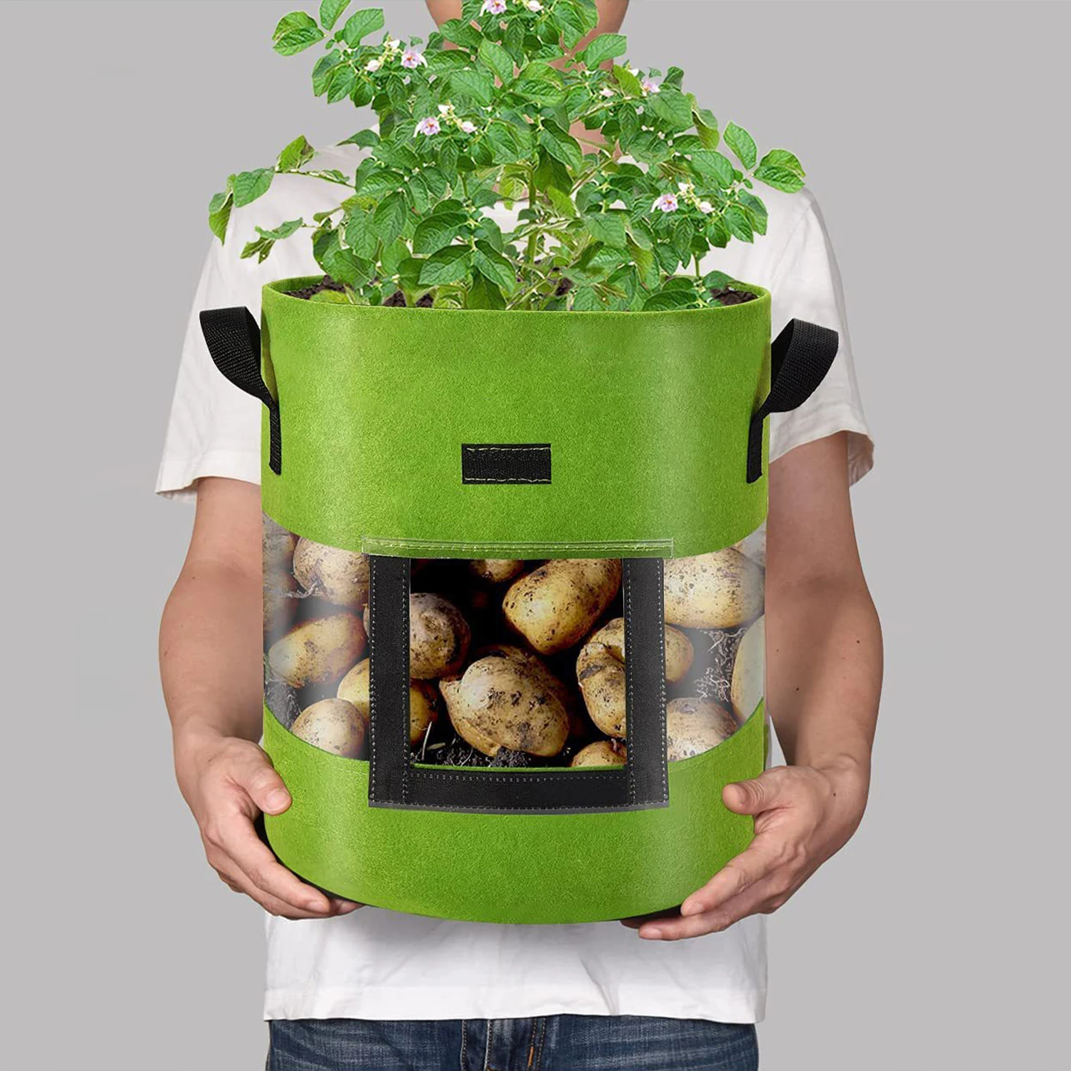 Magic See-Thru Potato Planter Bag, 360 Degree View Window with Green Breathable Non-Woven Fabric, Watch Your Spuds Grow!