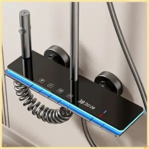 Grey Shower System with Ambient Light Intelligent Digital Shower Faucet Set Temperature Display Rainlfall Bathroom Shower Set