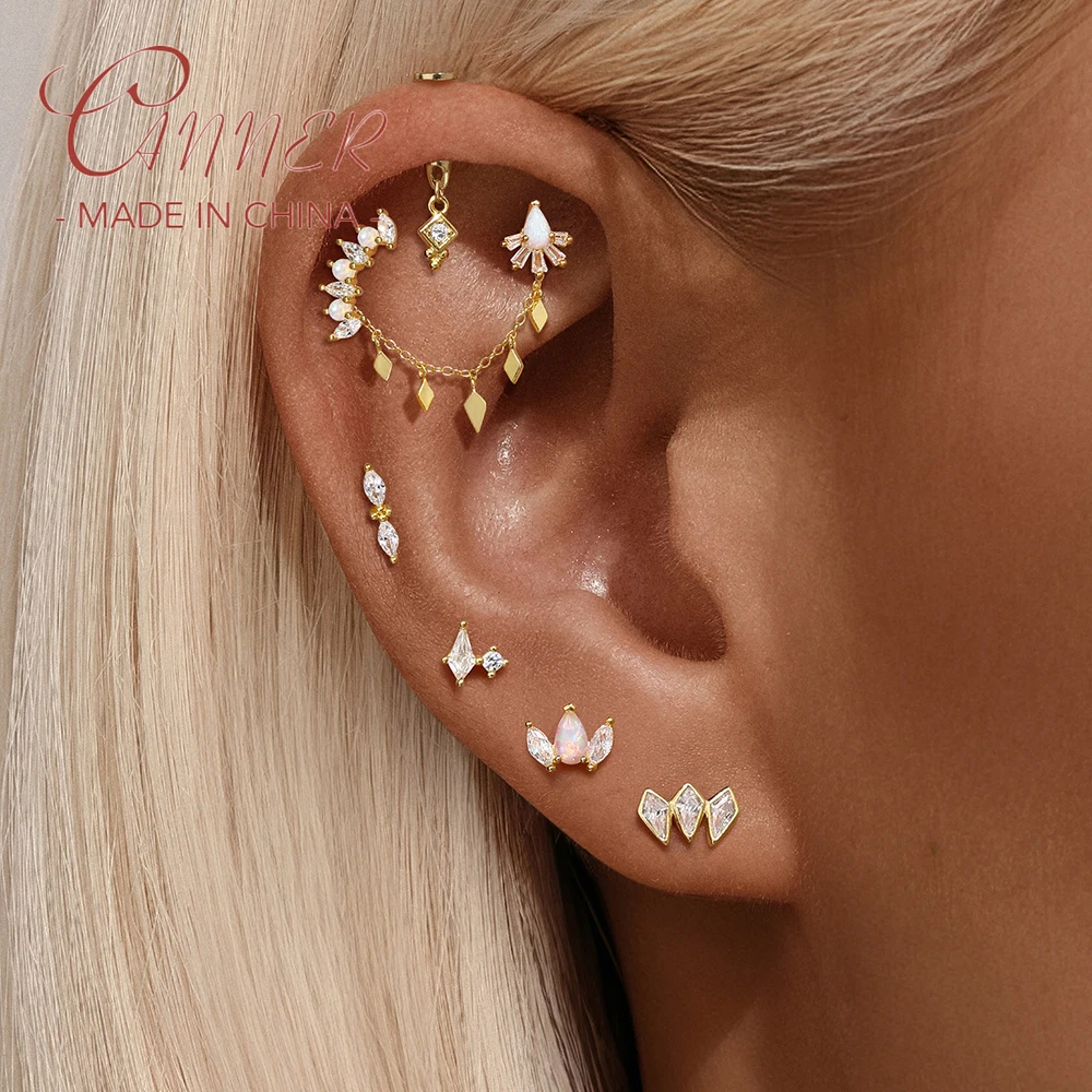 CANNER 1PC 925 Silver Horse Eye Geometric Zircon Cartilage Chain Earrings For Women Ins Long Chain Star Moon Accessory Ear Chain