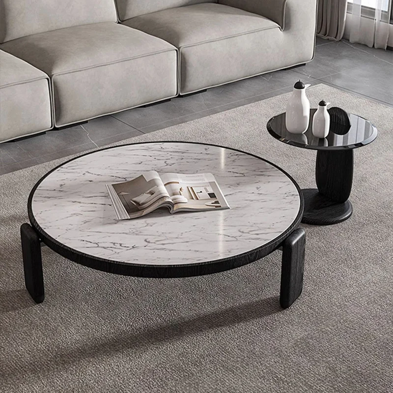 Modern Round Marble Coffee Tables with Solid Wood Legs Minimalist Living Room Curved Center Table Elegant Glass Sofa Side Table