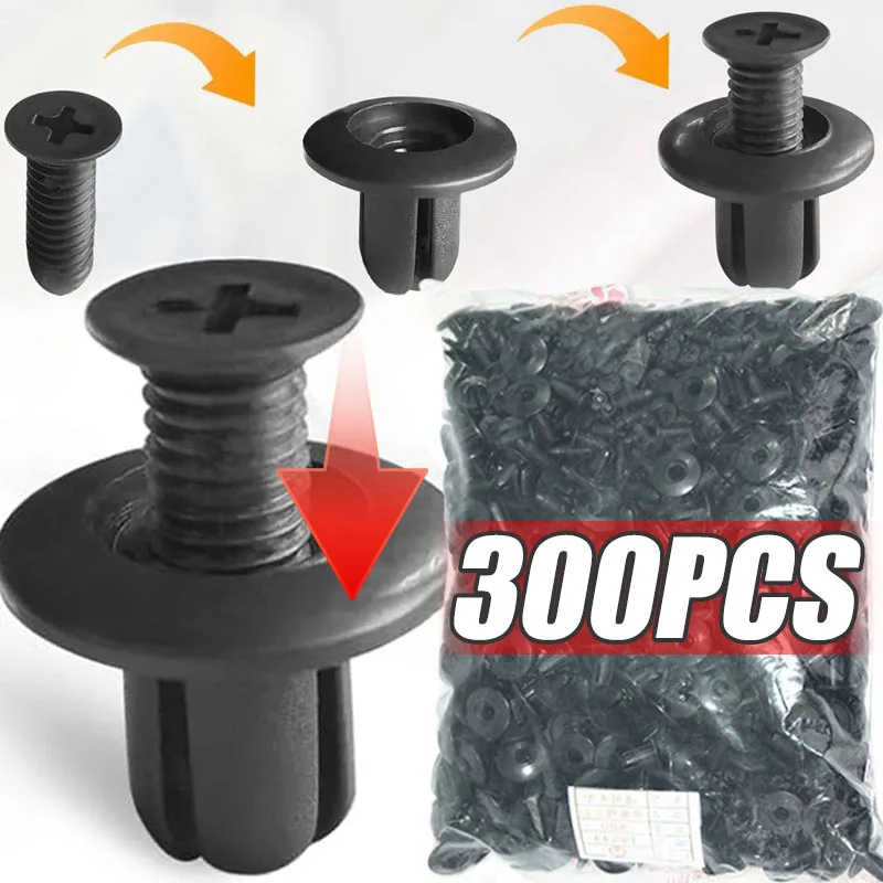 300/50pcs 8mm Plastic Fasteners Screws Universal Car Bumper Fender Black Rivets Car Fastener Push Pin Clips Auto Accessories