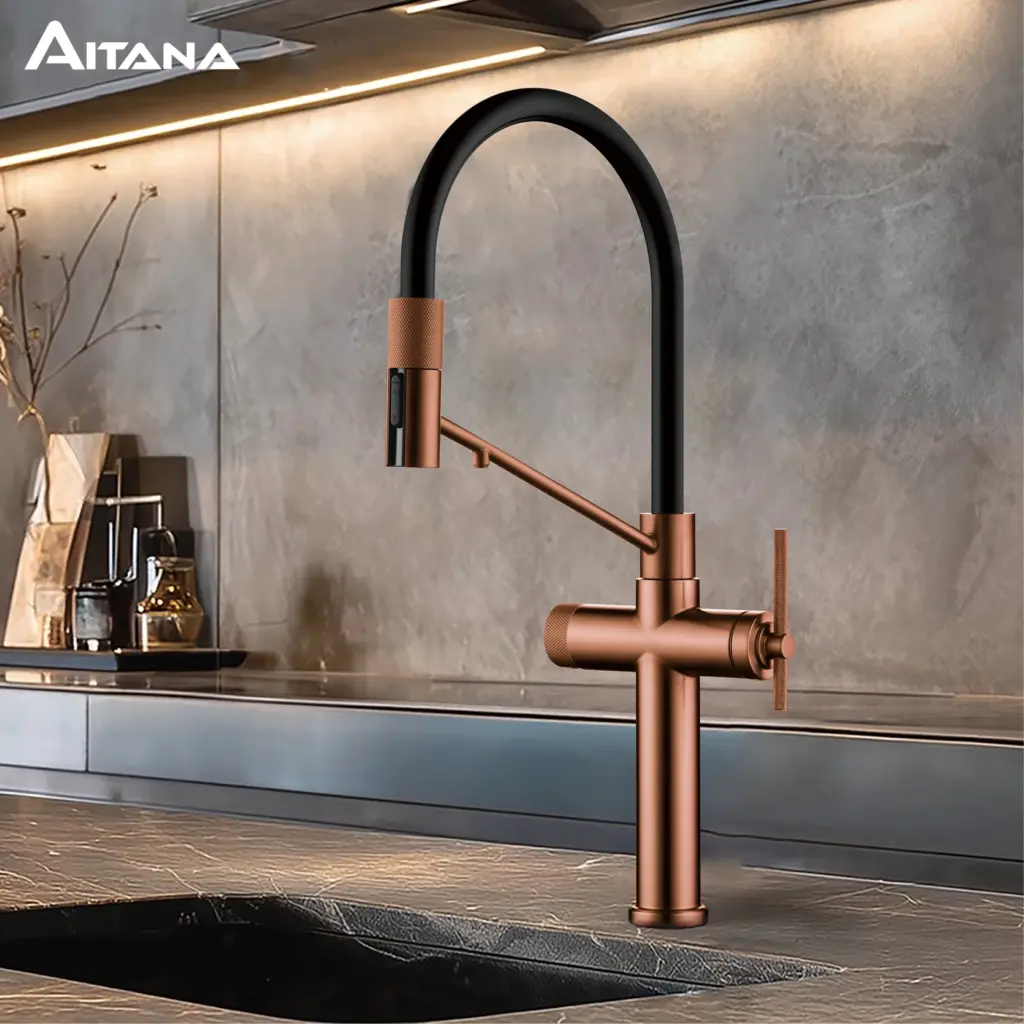 AITANA brushed rose gold pull-out kitchen faucet with luxury drinking water mode 3 function hot&cold water single hole sink Tap