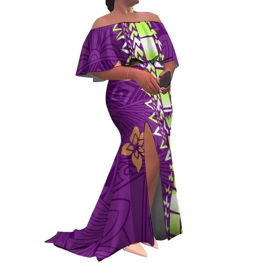 Floral Print Polynesian Pacific Island Style Women'S One-Shoulder Slim Slit Long Dress, Festival Party Floor-Length Dress