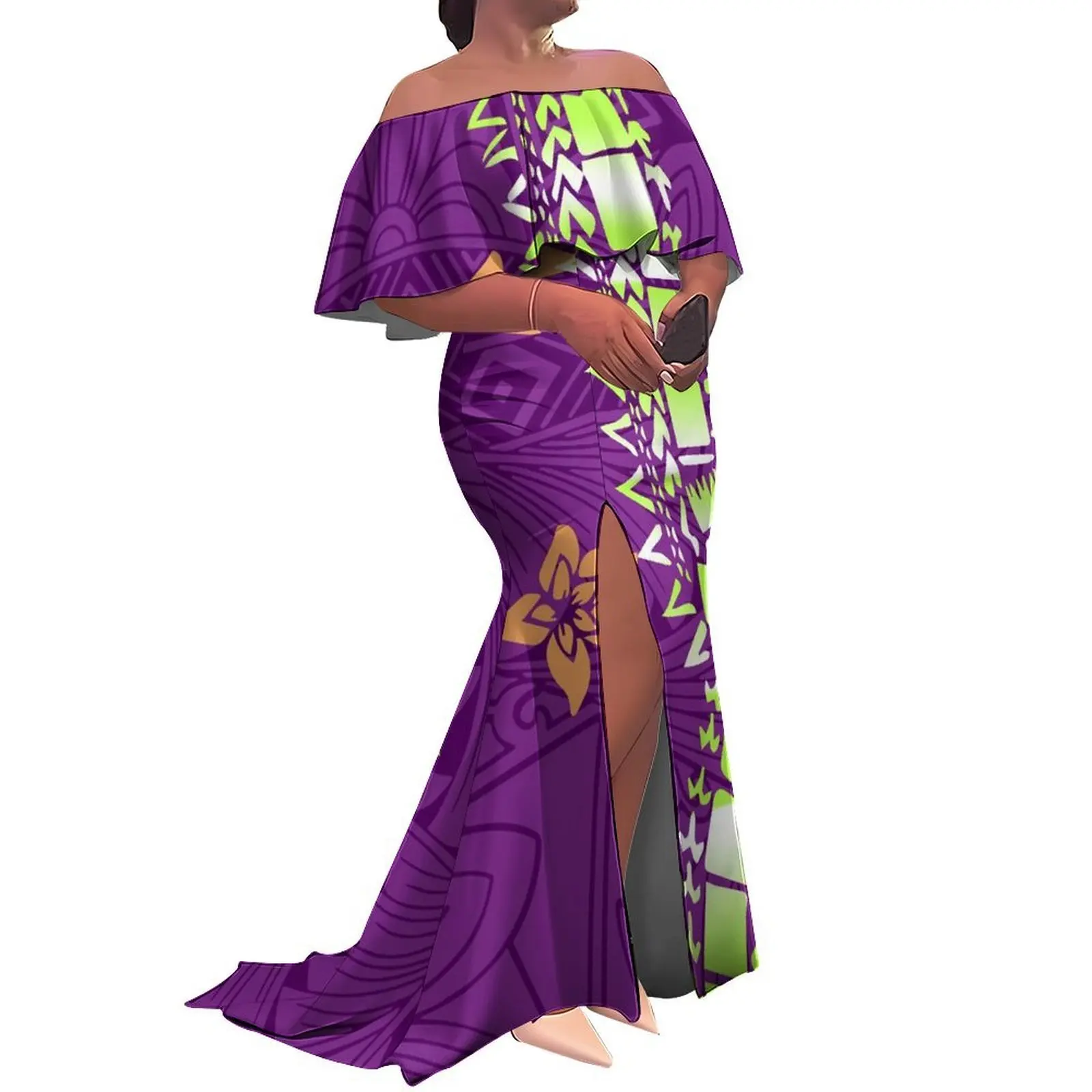 Floral Print Polynesian Pacific Island Style Women'S One-Shoulder Slim Slit Long Dress, Festival Party Floor-Length Dress