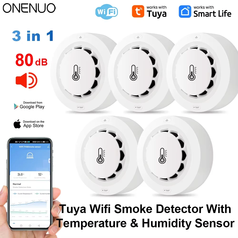 Tuya Wifi BT Two Connection Smoke Detector Temperature Humidity Measurement Device 80dB Sound Alarm Remote Push Alert Function