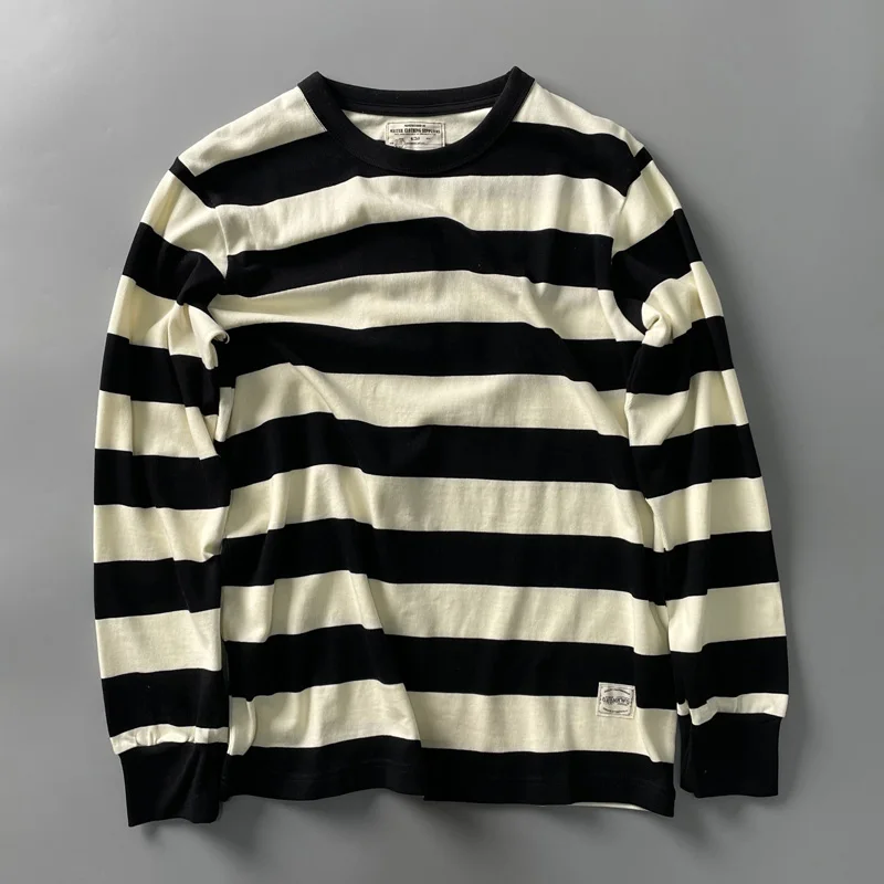 Heavyweight Pure Cotton Long Sve T-irt Men's Vintage Nautical Striped Loose Fit Base Layer irt round Ne T-irt