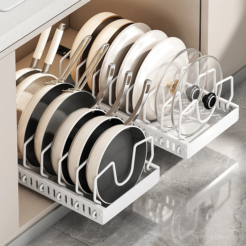 1/2pcs Kitchen Pots & Pans Organizer Under Cabinet Sliding Drawer Pot Lid Organizer Pull Out Cabinet Storage Tray with 8Dividers