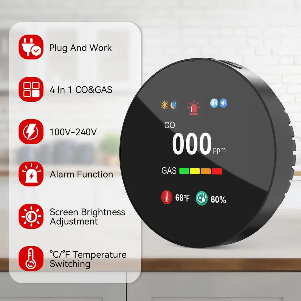 CHZHVAN Combination Carbon Monoxide Detector & Gas 4-in-1 Natural Gas&CO Alarm with Temperature&Humidity for Home Security Alarm