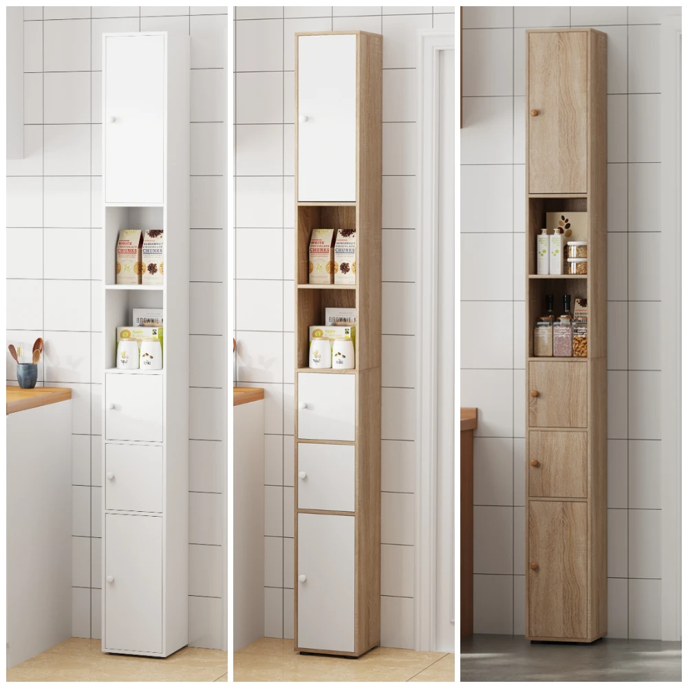 BonChoice Tall&Slim Bathroom Cabinet with 4 Doors&2 Open Shelves, Slim Bathroom Storage Cabinet Unit Narrow Cupboard