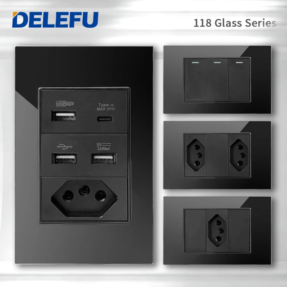 DELEFU 4*2 Black Tempered Glass Brazil Standard Outlet Dual Usb Type C Wall Socket Light Switch Switzerland 10A 20A