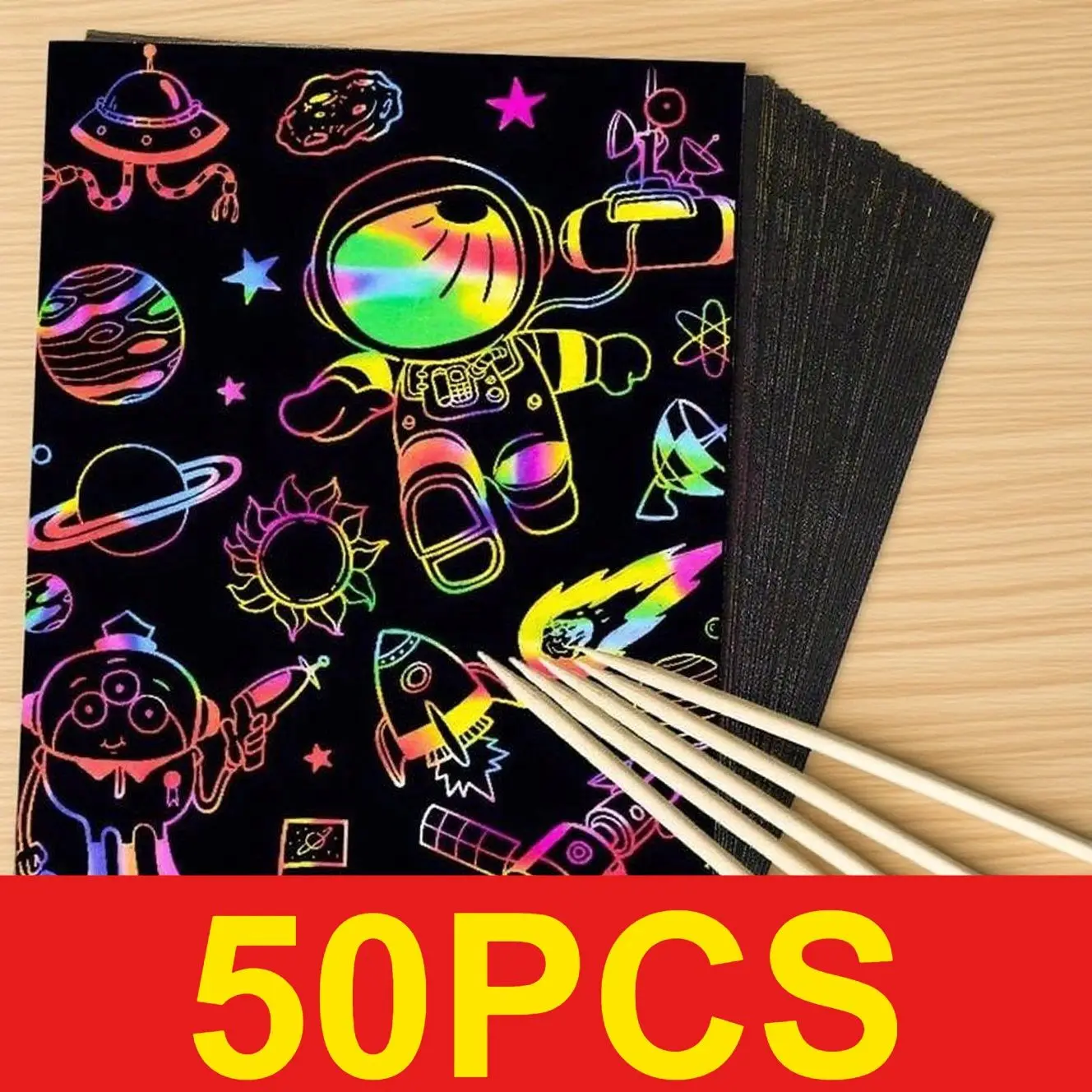 50 pcs Scratch Paper Kids Rainbow Magic Scratch Off Paper Sheets Art Craft Kit Black Note Paper Drawing Pads with Stencils
