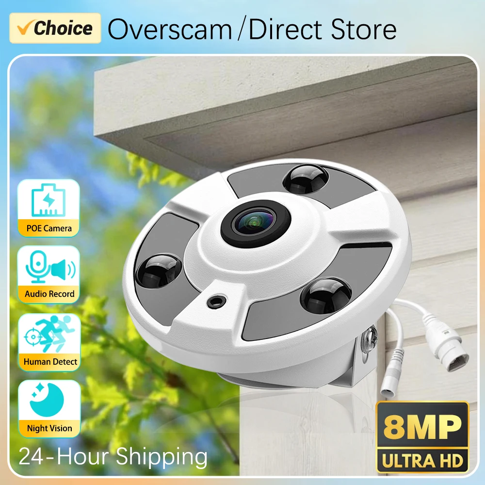 8MP 4K POE IP Camera 1.7MM Fisheye Lens Panoramic IPC Camera Motion Detection Audio Record Dome H.265 Security CCTV Camera
