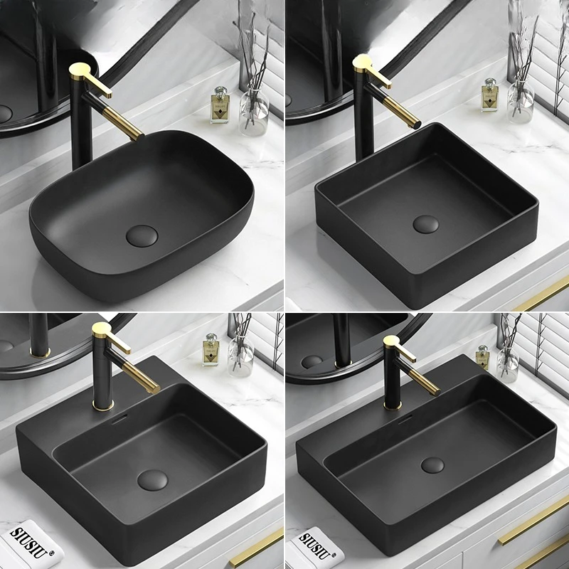46x37cm New Black Countertop Bathroom Sinks Ceramic Face Wash Bathroom Basin, Balcony Single Basin, Wash Basin, Wash Art