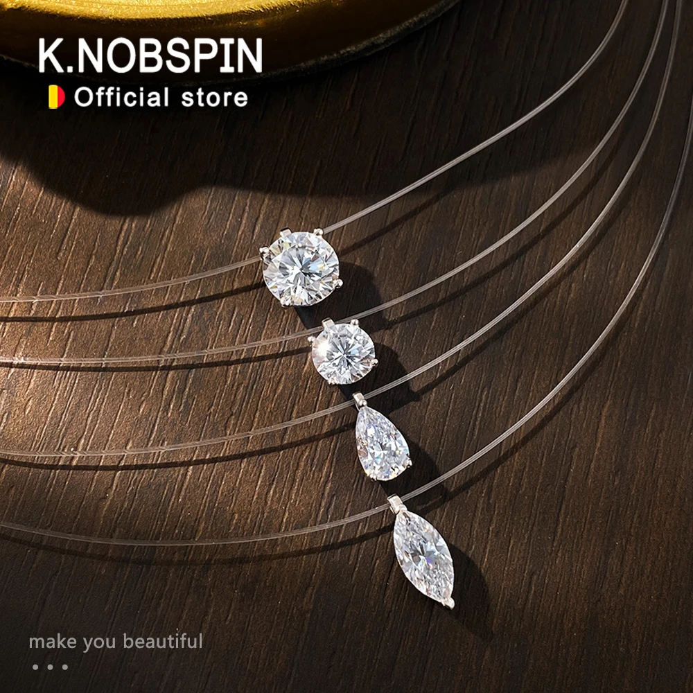 KNOBSPIN Moissanite Necklace 1-2ct Pear/Marquise/Round Brilliant Cut Diamond Fishing Line S925 Silver Pendant Necklaces for Gift
