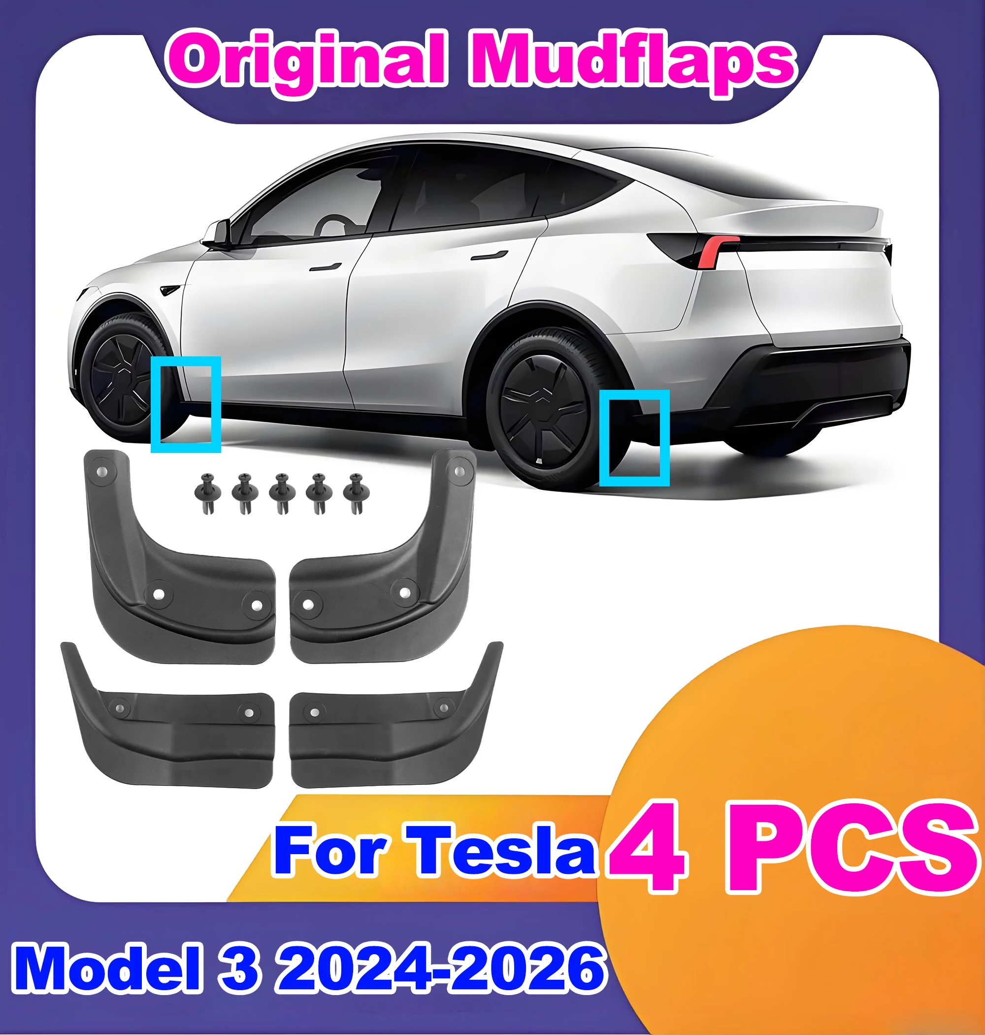 4PCS Mudflaps For Tesla Model 3 2024-2026 Mudguards Official Original Front Rear Wheel Fenders Splash Guards Model 3 Accessories