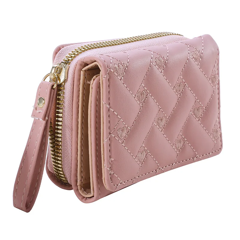 Women Wallet For PU Leather Fashion Embroidered Love Tri-fold Small Wallet Card Holder Multi-card Slot Coin Purses Interior Pink