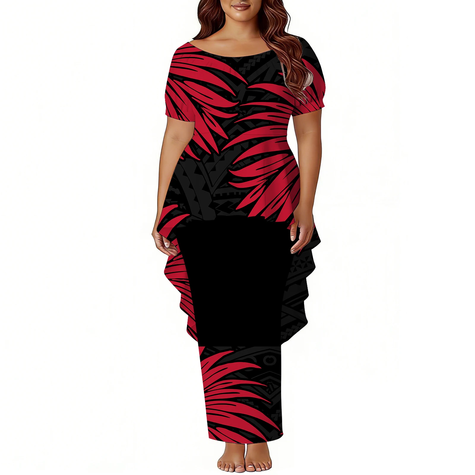 2026 New Polynesian Women'S Puletasi 2-Piece Set Irregular Swallowtail Skirt Top And Custom-Patterned Slit Skirt At The Back