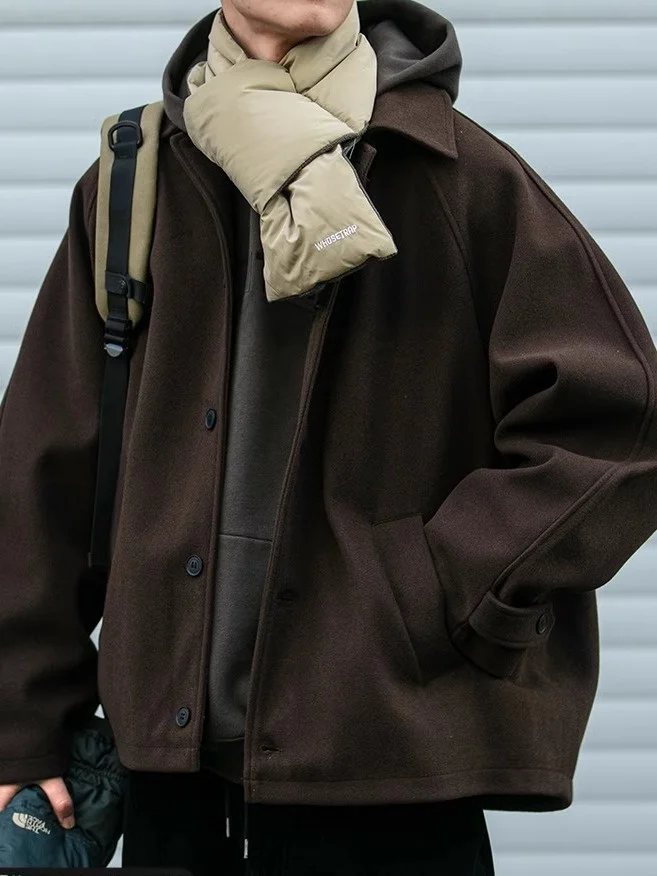 American Retro Loose Woolen Jaet Thiened Casual Men's ort Autumn Winter Cotton Clothes Versatile Warm Flannel Coat