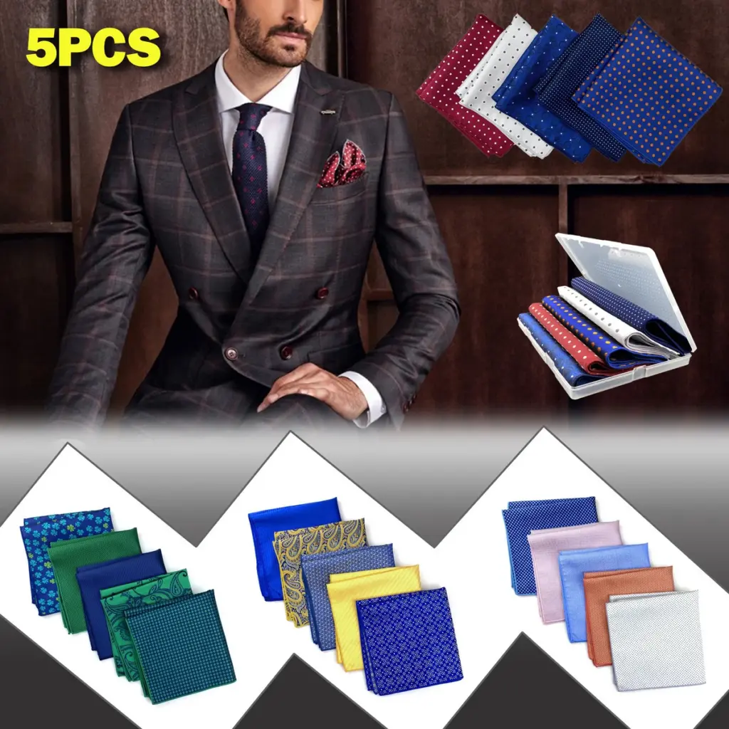 5 Pieces Assorted Mens Pocket Square Handkerchief Set Colorful Large Accessories Gift Party