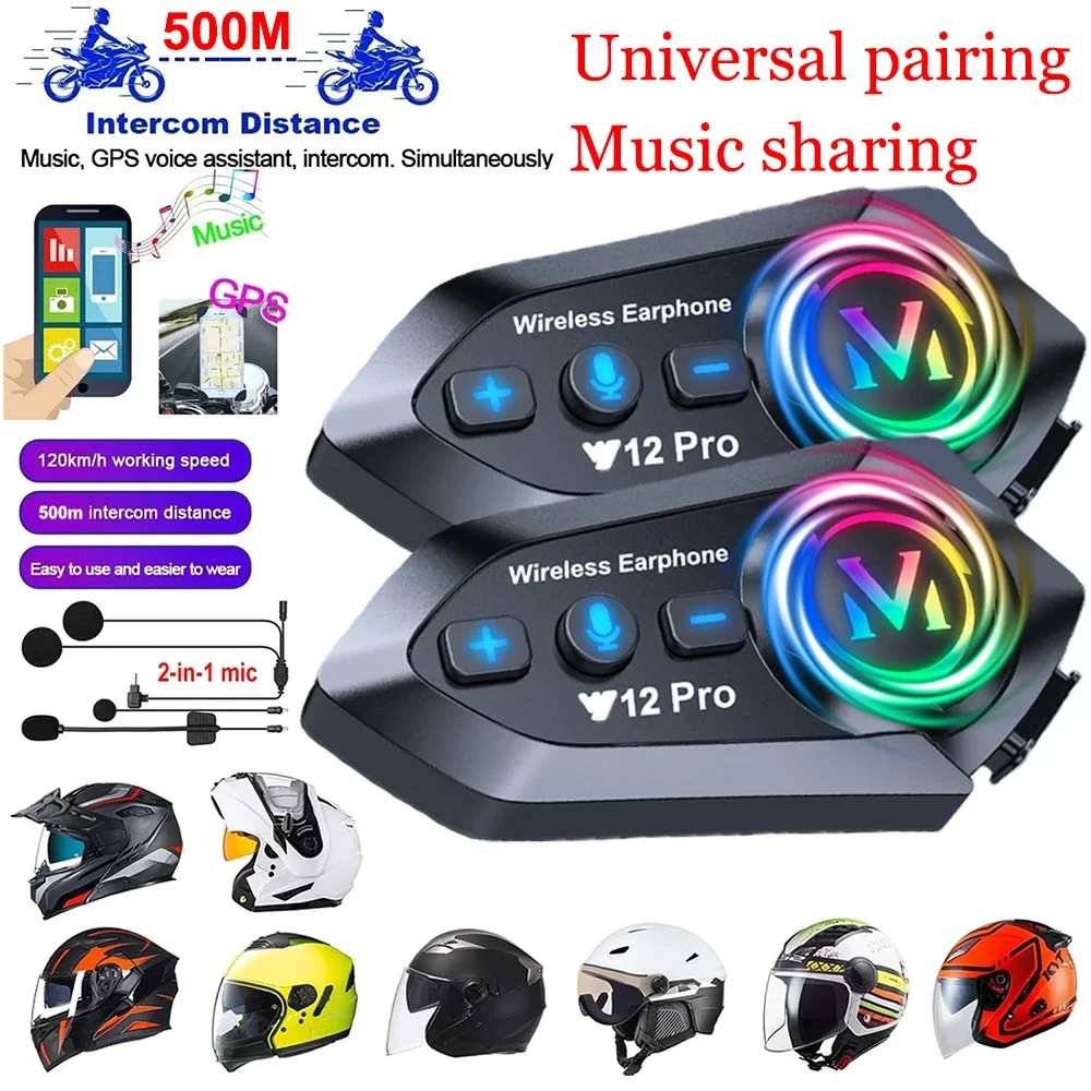 1/2x Music Interphone Dual Bluetooth 5.4 Motorcycle Helmet Intercom Headset Waterproof 500m Intercomunicador Speaker Earphone