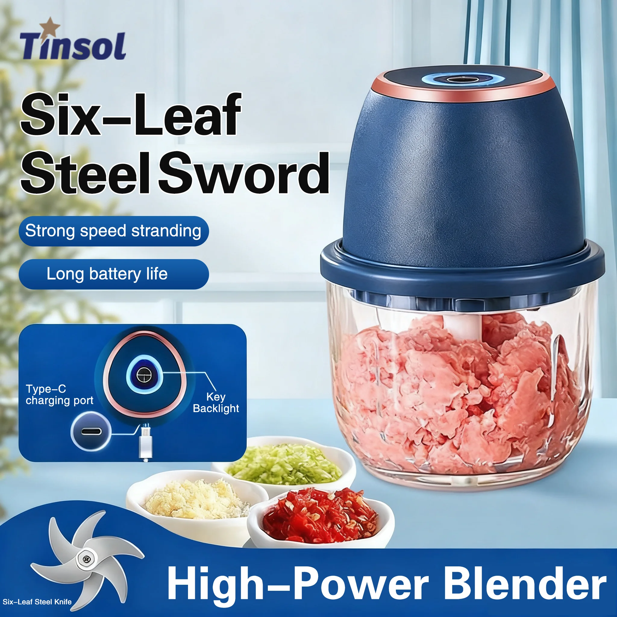 TINSOL 350ML Food Chopper Electric Meat Grinder Garlic Masher USB Multifunction Slicer Blender Kitchen Food Processor
