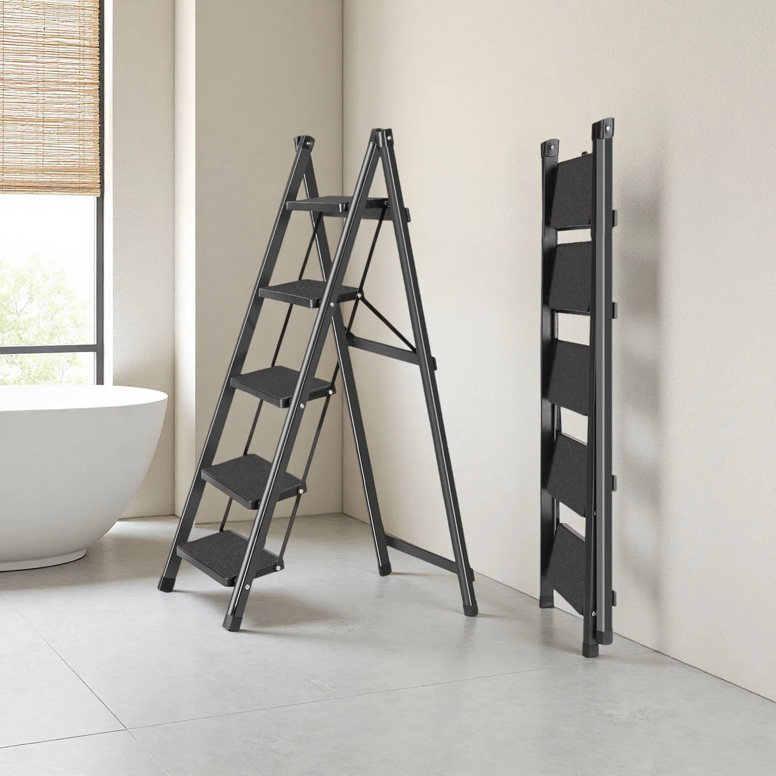 Non-Slip Treads, Multifunctional Household Ladder Folding Stair Stretchable Herringbone Ladders Multifunctional Five-step