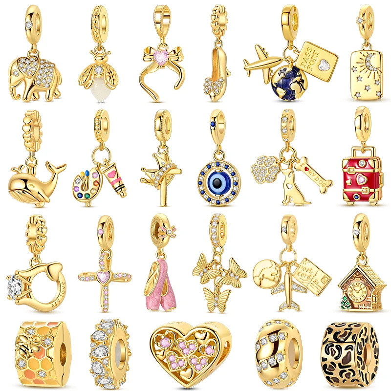 Original 925 Silver Gold Charms Beads Fit Bracelet DIY Elephant Dog Heart Pendant For Woman Jewelry