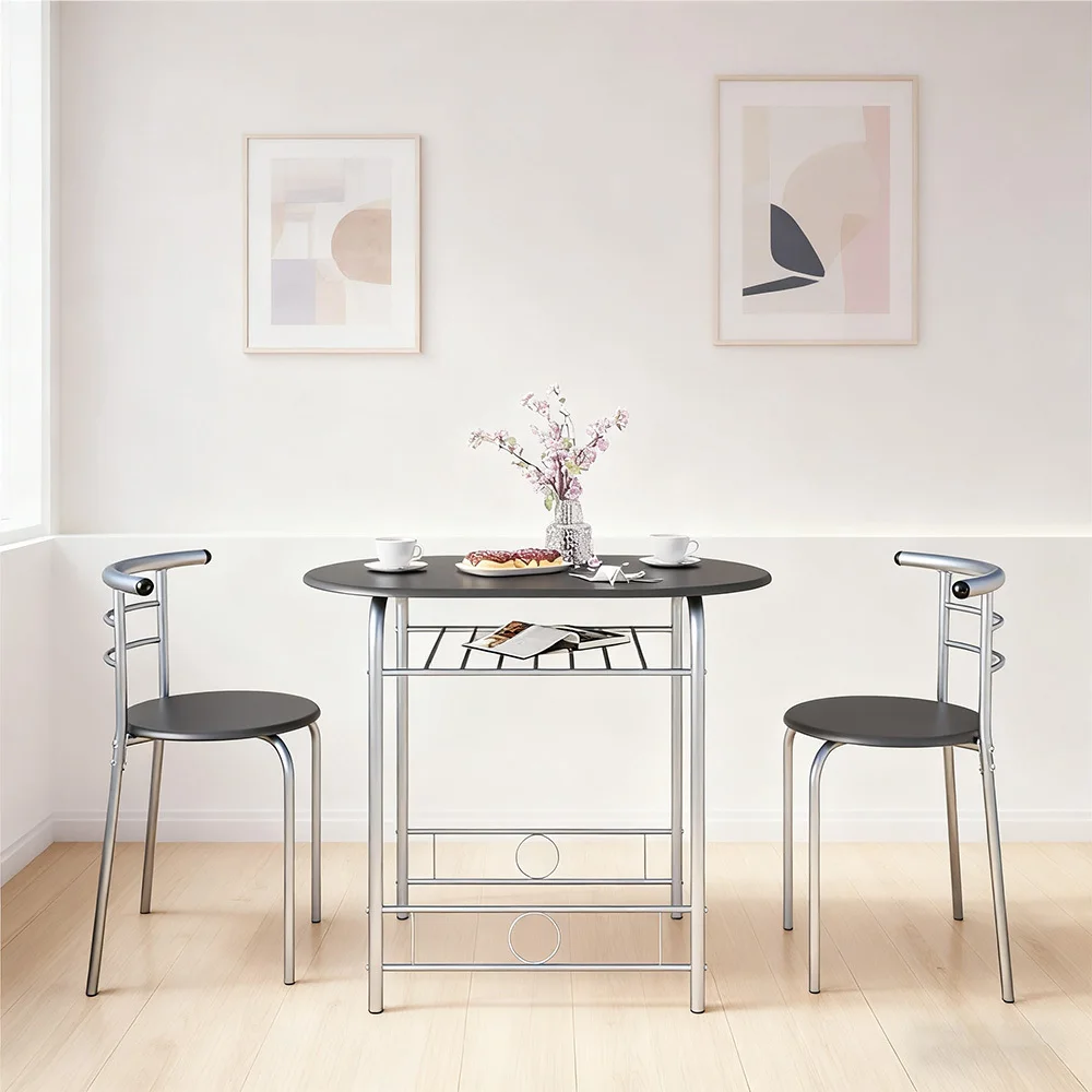 Costoffs 3pcs Dining Table Set with Space Saving Table and 2 Chairs, Modern Kitchen Table Set with Steel Legs and Storage Rack f