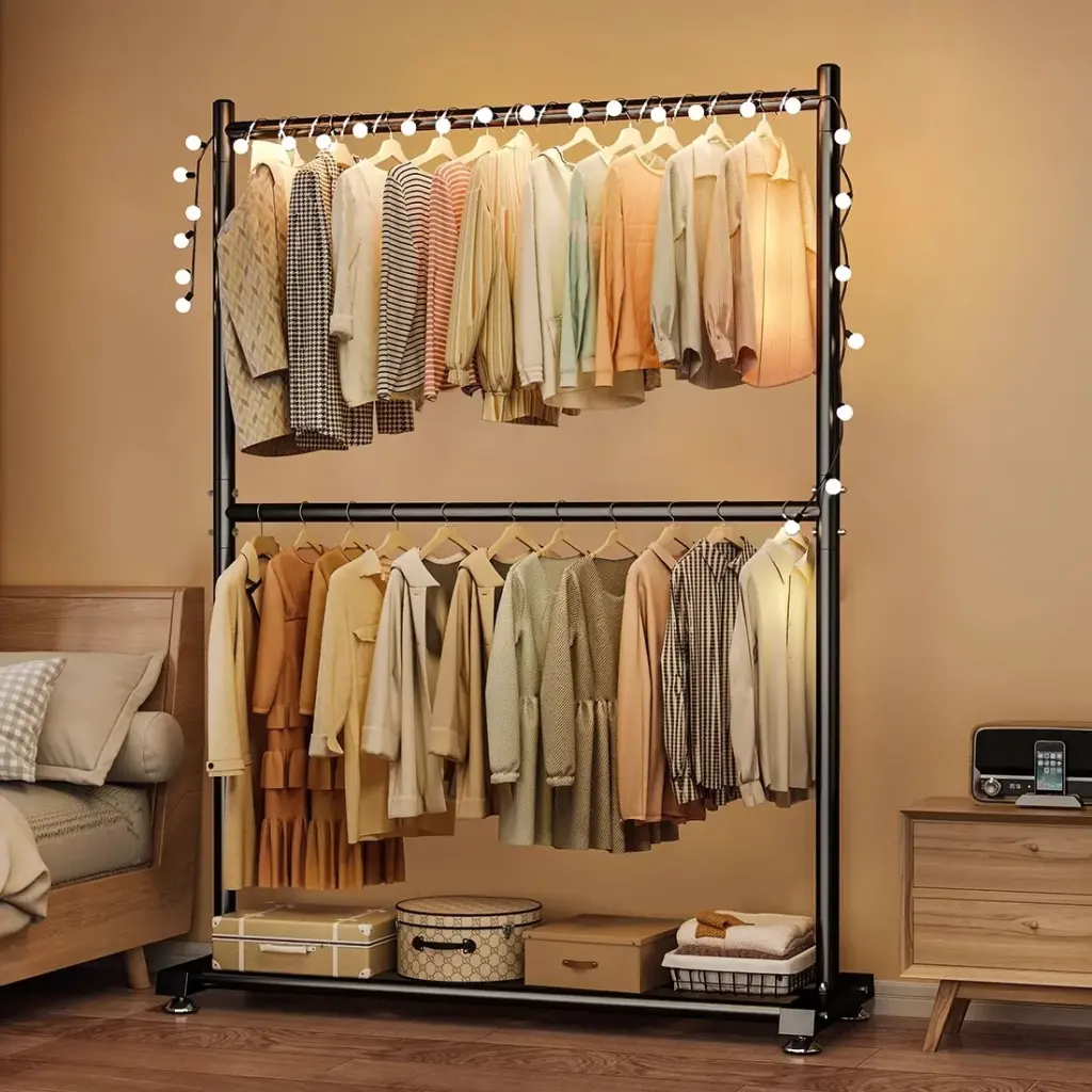 Simple Floor-Mounted Clothes Drng Ra Bedroom Indoor Iron Clothes Hanger Holder Multi-Functional No Assembly Required