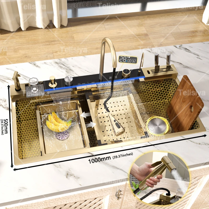 Stainless Steel Golden Kitchen Sink Multifunctional Waterfall Outlet Single Slot Piano Button Digital Display