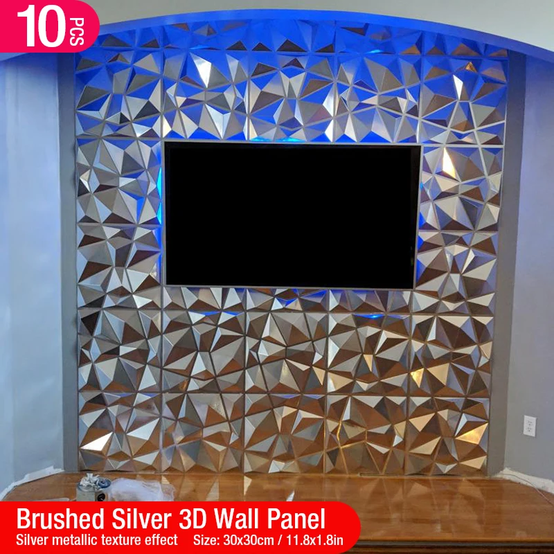 10pcs 3D textured wall panel indoor wall decoration,Brushed Silver suitable for living room hall bedroom hotel office,30cmx30cm