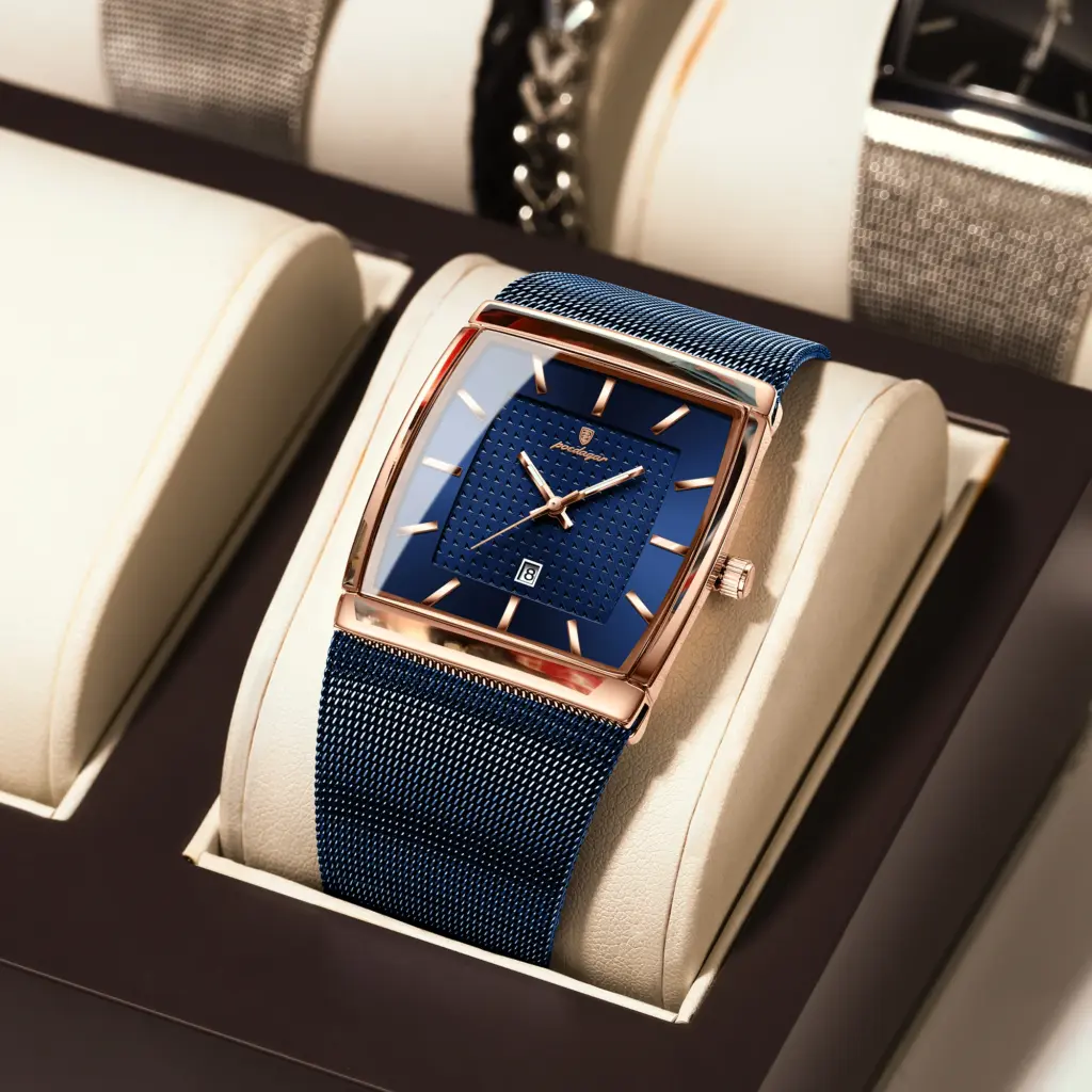 POEDAGAR Top Original Men Watch Waterproof Luminous Date Rectangle Man Wristwatch Mesh Stainless Steel Men's Quartz Watches Male