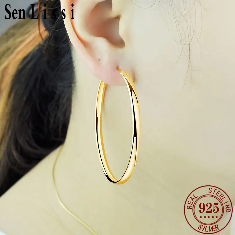 Senlissi - New 18K Gold Plated Hoop Earrings For Women 925 Sterling Silver 3.0mm Fashion Earring Cерьги Kольца 3/4/5/6/7CM