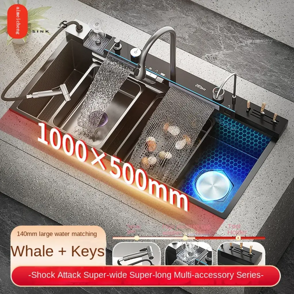 Large Single Slot Kitchen 304 Stainless Steel Waterfall Sink, Digital Display Embossed Washing Basin Househeld washing Sink