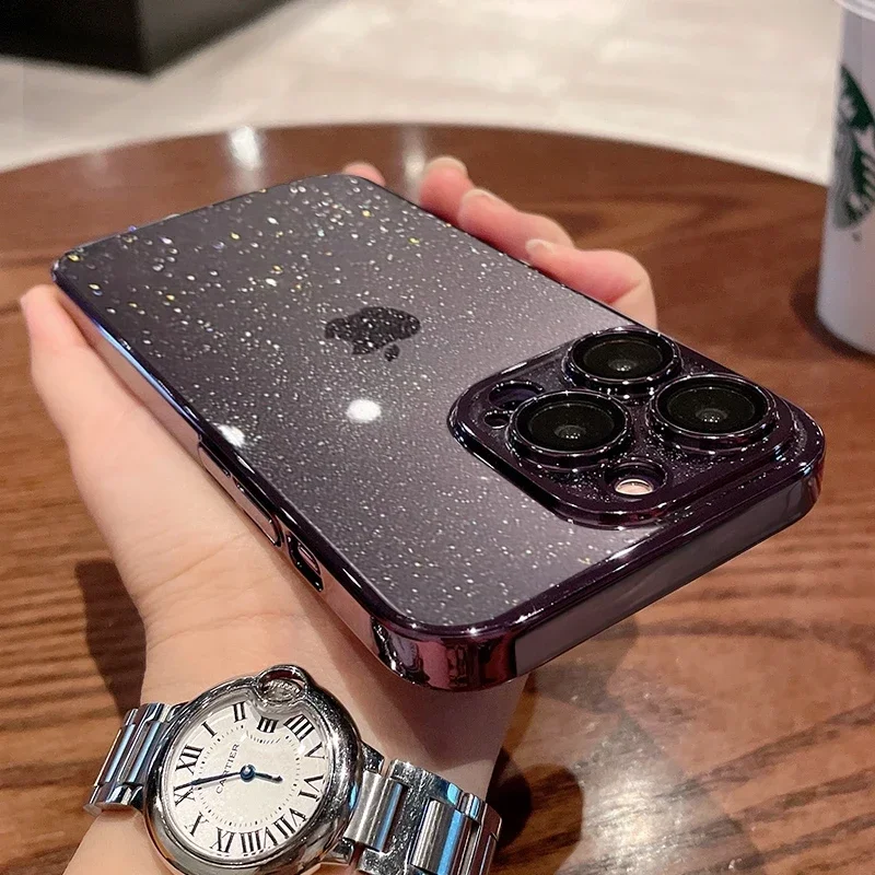 Luxury Transparent Glitter Phone Case For iPhone 11 12 13 14 15 16 Pro Max Plus Electroplated Bumper Clear Shockproof Cover