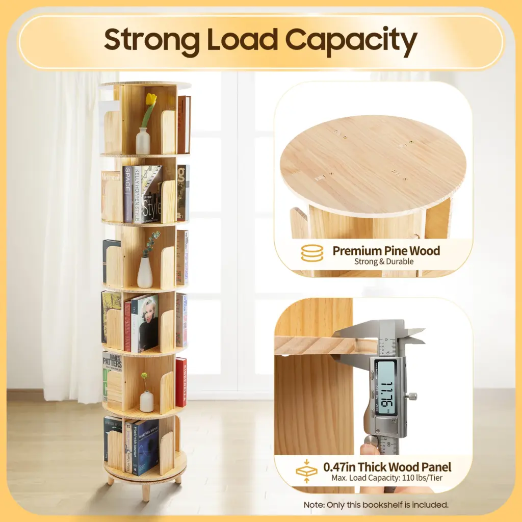 360° Rotating Bookshelf 6-Tier Kids Book Storage Organizer with Large Capacity for Living Room Study Nursery Wooden Freestanding