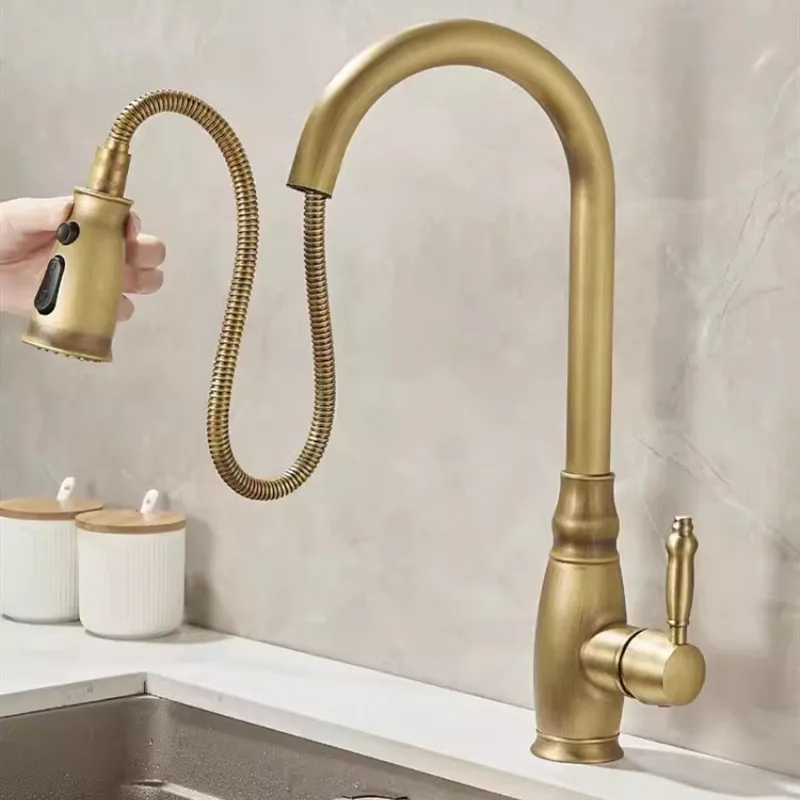 Tuqiu Kitchen Faucets Antique Sink Faucets Brass Sink Tap Pull Out Rotate Spout Mixers Tap Hot Cold Water Crane