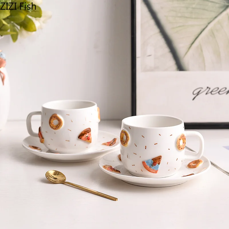 Cute Pizza Donut Relief Ceramic Cup&saucer Mugs Dining Table Coffee Mug Milk Cups Afternoon Tea Teacup Fruit Juice Container