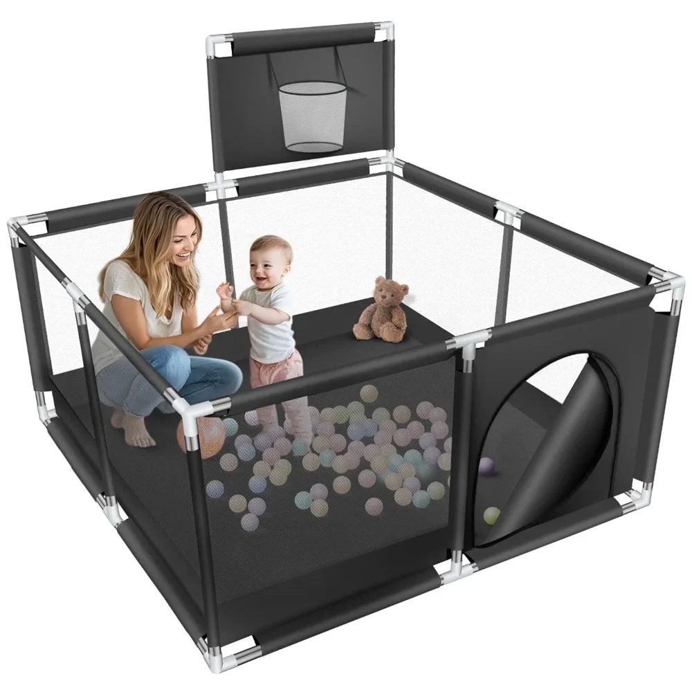 ANGDUO Baby Playpen 50 inch Baby Playard with Basketball Hoop and Breathable Mesh Baby Fence Game Center for Boy and Girls Black