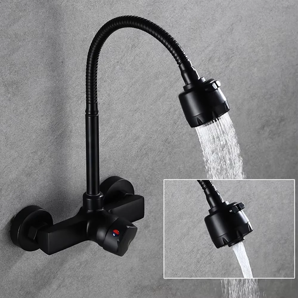 Black/Brushed Kitchen Faucet Wall Mount 2 Function Hot and Cold Water Sink Faucet 360 Degree Rotating Sprayer Faucet