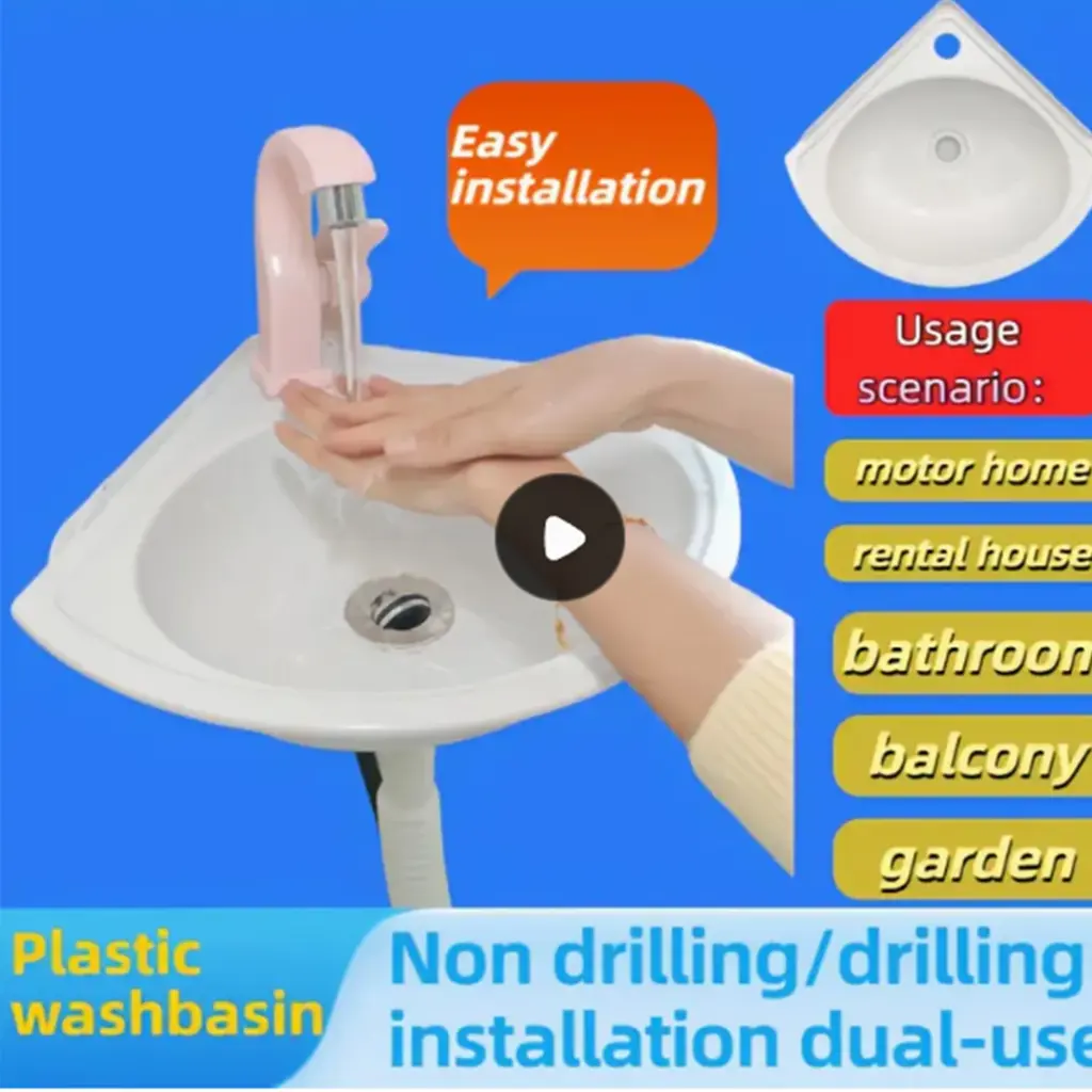 Wall-Mounted Triangle Plastic Washbasin Sink - No-Drill Installation, Corner Design for RV, Apartment, Bathroom & Balcony