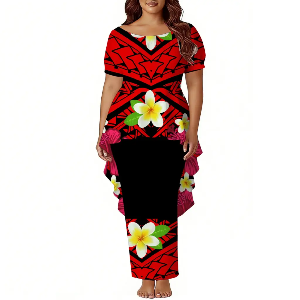 Puletasi Polynesian Dress 2-Piece Set Irregular Top And Slit Skirt Island Print Samoan Hibiscus Flower Design Custom Women Dress
