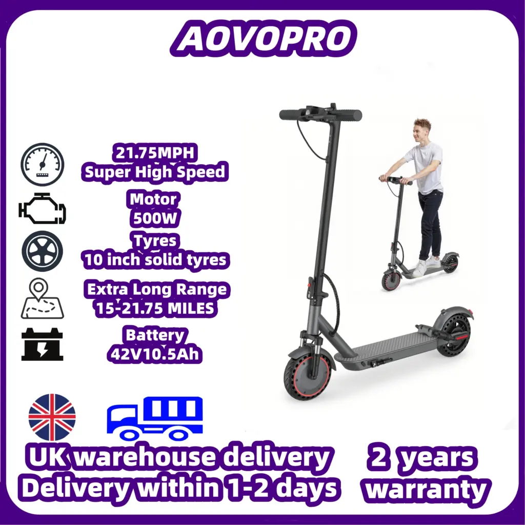 AOVOPRO 500W Electric Scooter Top Speed: 21.75 mph Range: 21.75 miles 10-inch Tyres Shock-Absorbing Smart Folding Scooter
