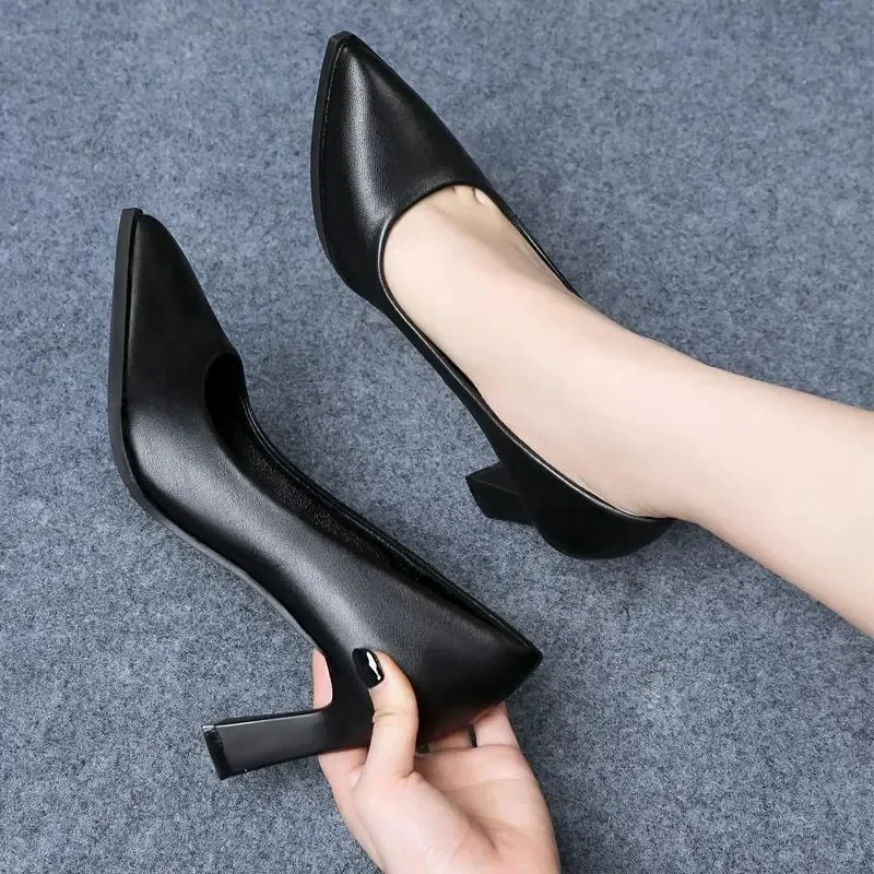 Soft PU Non-slip Single Shoe Work Shoes Women's Pumps Black Professional Interview High Heels Mid Heeled Work Leather Shoes