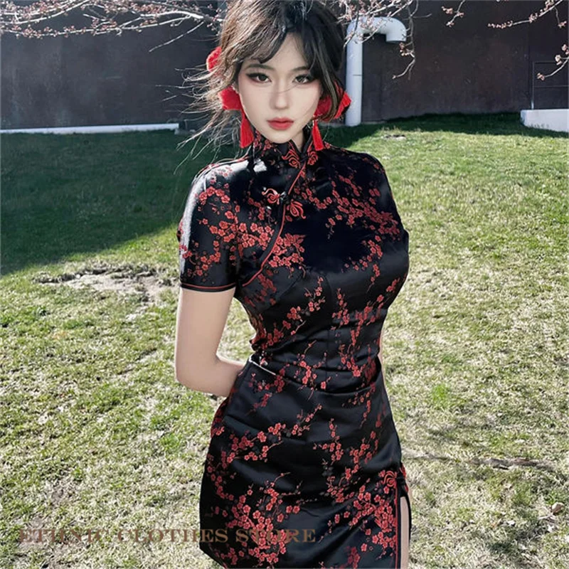 Classic Chinese Style Dress Female Qipao Sexy Short Sleeve Mini Cheongsam Elegant Jacquard Flower Traditional Clothing Y2K Qipao