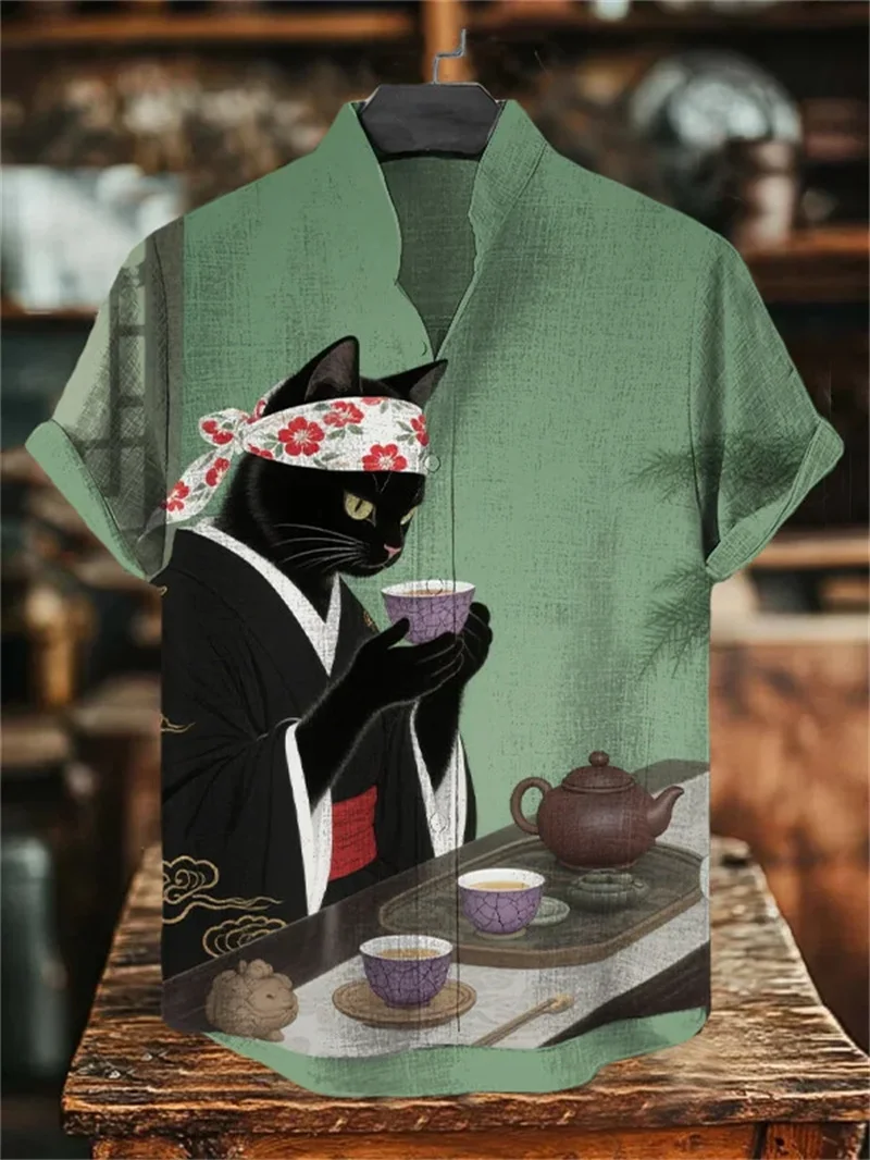 Men's Funny Black Cat Samurai Japanese Art 3D Printed Casual Shirt Summer Men's Short Sleeve Shirt Hawaiian Beach Top