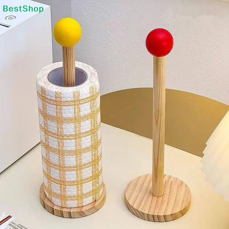 ♥Wooden Paper Towel Holder With Base - Minimalist Countertop Roll Stand With Colorful Ball Top For Kitchen & Dining