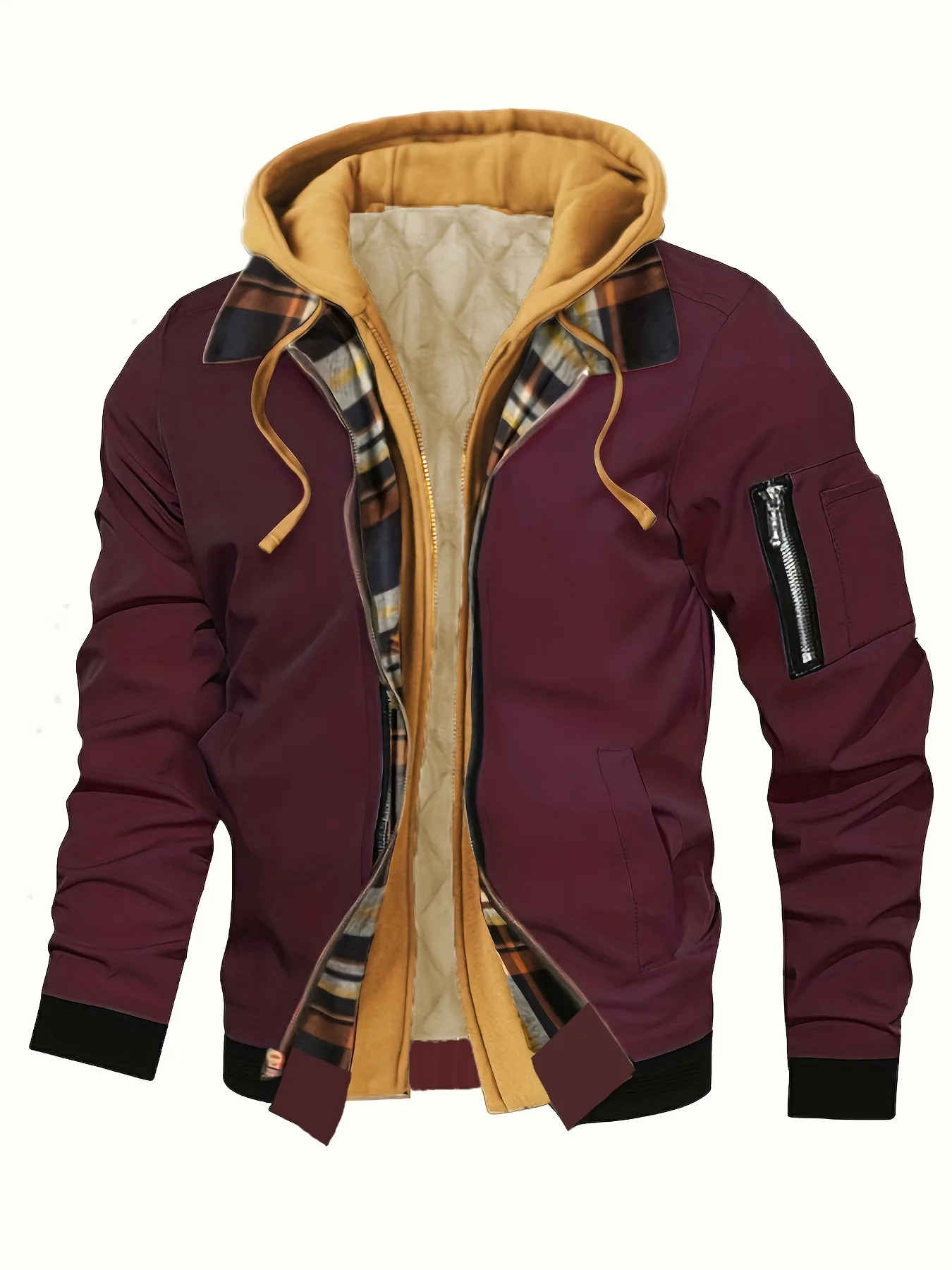 Men's Cargo Style Hooded Jacket, Faux Two-Piece Patchwork Plaid Lining, Multi-Pocket Design, Warm Casual Flight Jacket
